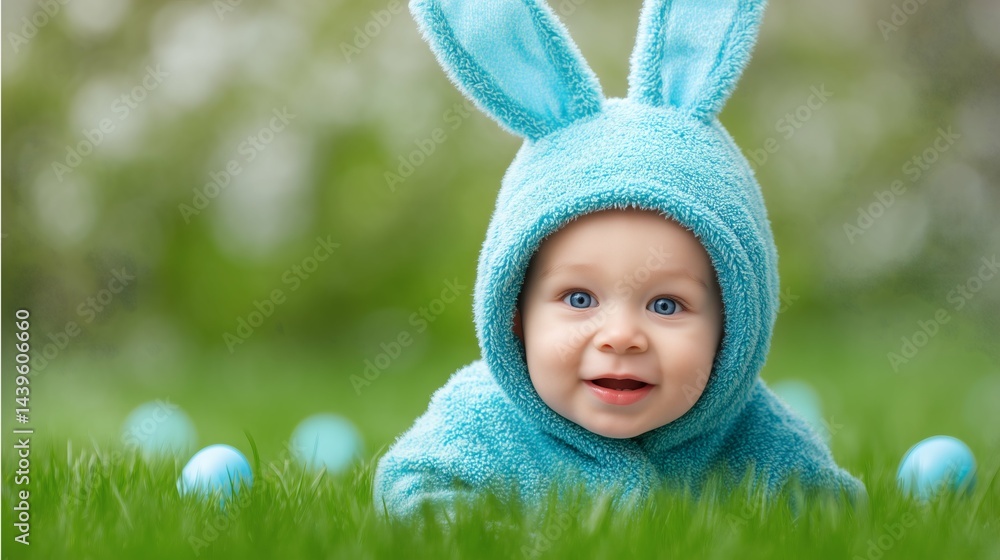 Baby wearing blue bunny costume, Cute baby in Easter outfit, Adorable baby celebrating Easter outdoors concept