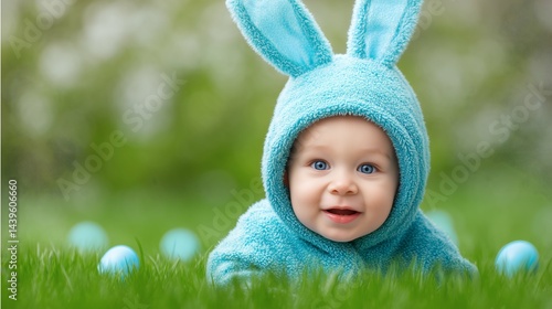 Obraz na płótnie Baby wearing blue bunny costume, Cute baby in Easter outfit, Adorable baby celebrating Easter outdoors concept w salonie