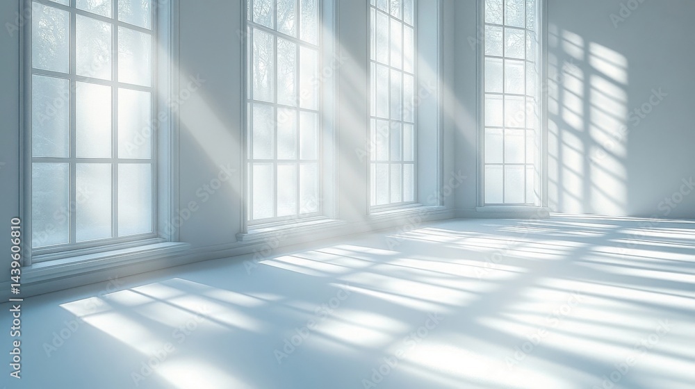Bright White Interior Illuminated By Sunlight Coming Through Windows with Elegant Shadows Bright White Interior Illuminated By Sunlight Coming Through Windows with Elegant Shadows