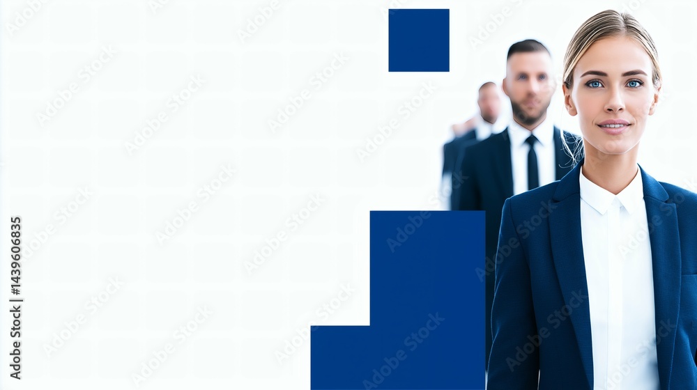 Businesswoman leading team in modern style, Corporate leadership with blue accents, Professional team vision and success concept