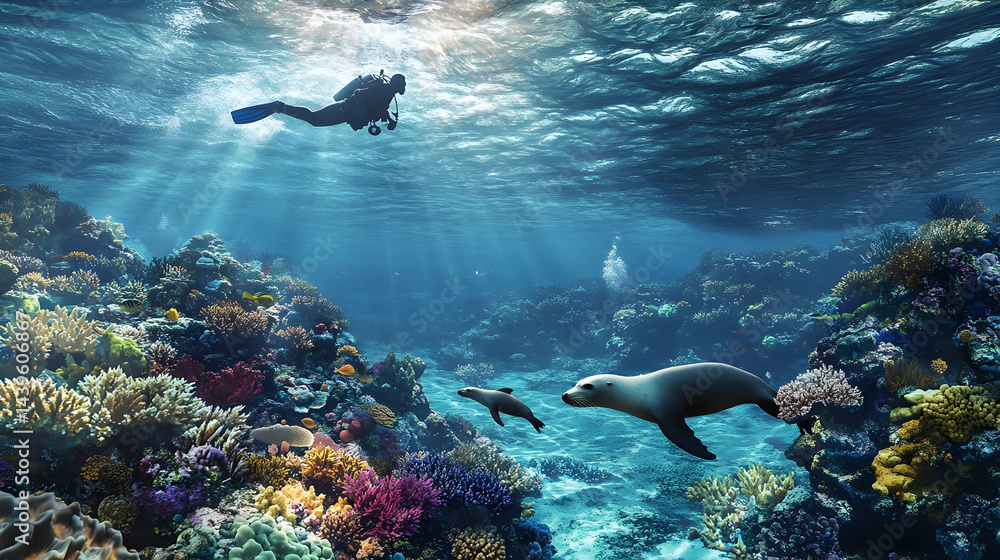 Spectacular Underwater Realm: Scuba Diver and Sea Lions Encounter in Vibrant Coral Reef Spectacular Underwater Realm: Scuba Diver and Sea Lions Encounter in Vibrant Coral Reef
