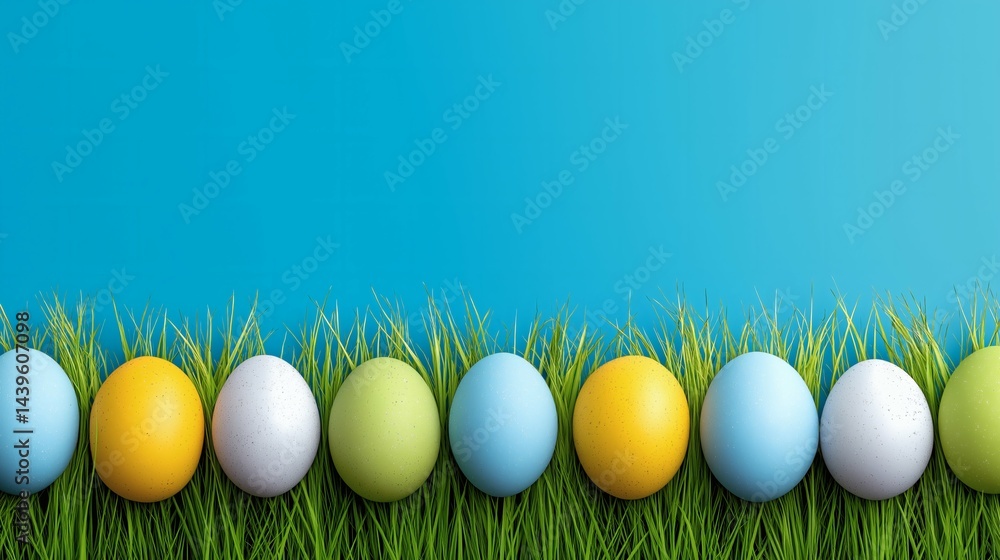Colorful Easter eggs lined in green grass, Bright eggs with clear blue background, Festive spring holiday backdrop concept