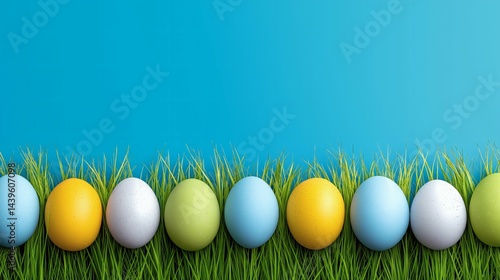 Obraz na płótnie Colorful Easter eggs lined in green grass, Bright eggs with clear blue background, Festive spring holiday backdrop concept w salonie
