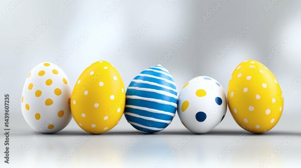 Colorful Easter eggs with polka dots, Blue and yellow patterned eggs on white, Fun Easter decoration minimal background concept