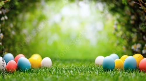 Obraz na płótnie Colorful Easter eggs on green grass, Vibrant eggs on spring meadow, Easter egg hunt outdoor nature background concept w salonie