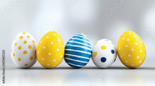 Obraz na płótnie Colorful Easter eggs with polka dots, Blue and yellow patterned eggs on white, Fun Easter decoration minimal background concept w salonie