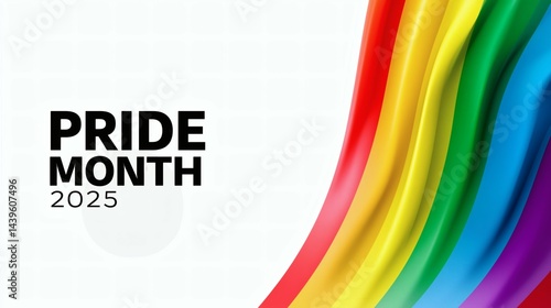 Curved Rainbow Flag on White Background, Pride Month 2025 Text