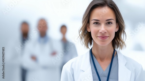 Obraz na płótnie Female doctor with medical team background, Professional healthcare teamwork and leadership concept, Clinic staff portrait image w salonie