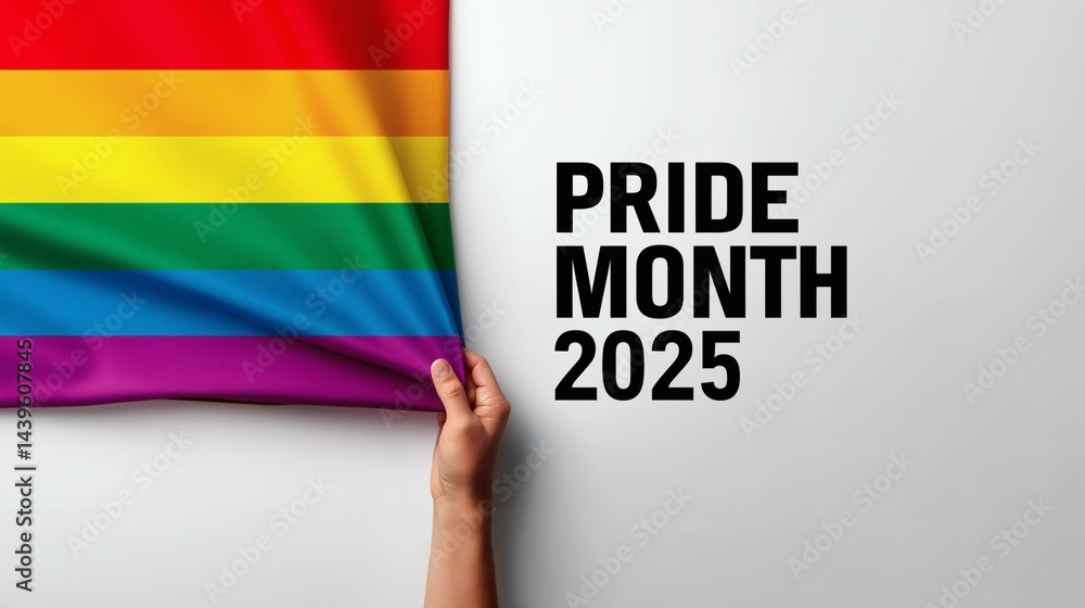 Hand holding rainbow flag for Pride Month 2025, LGBTQ+ pride celebration and awareness event, Equality and diversity concept background