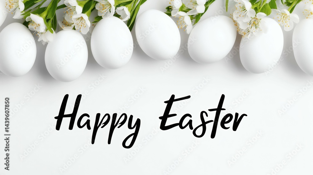 Happy Easter message with flowers and eggs, White eggs and spring blossoms greeting card, Easter floral festive holiday background concept