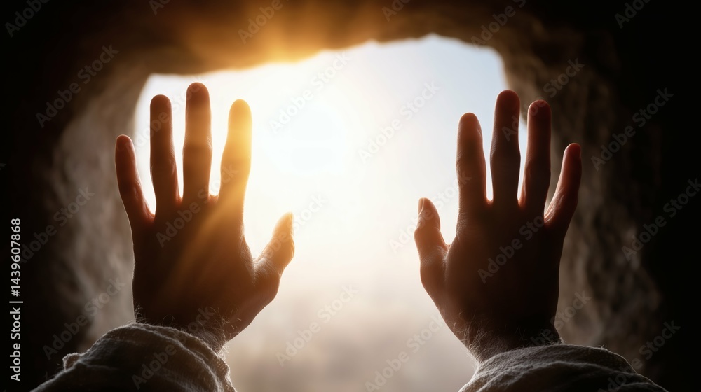 Jesus Hands reaching out of cave toward light, Spiritual concept of hope and new beginning, Concept for faith, resurrection, spirituality and renewal