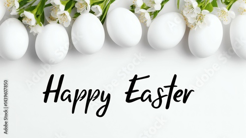 Obraz na płótnie Happy Easter message with flowers and eggs, White eggs and spring blossoms greeting card, Easter floral festive holiday background concept w salonie
