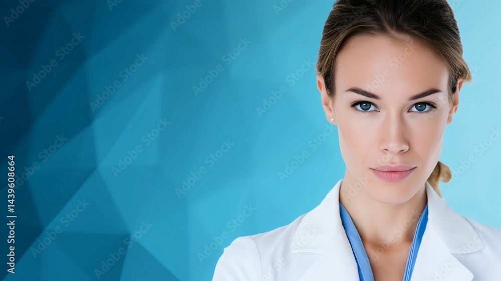 Serious female doctor on blue background, Healthcare professional with confident look, Medical clinic promotional concept