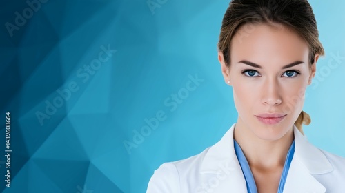 Obraz na płótnie Serious female doctor on blue background, Healthcare professional with confident look, Medical clinic promotional concept w salonie