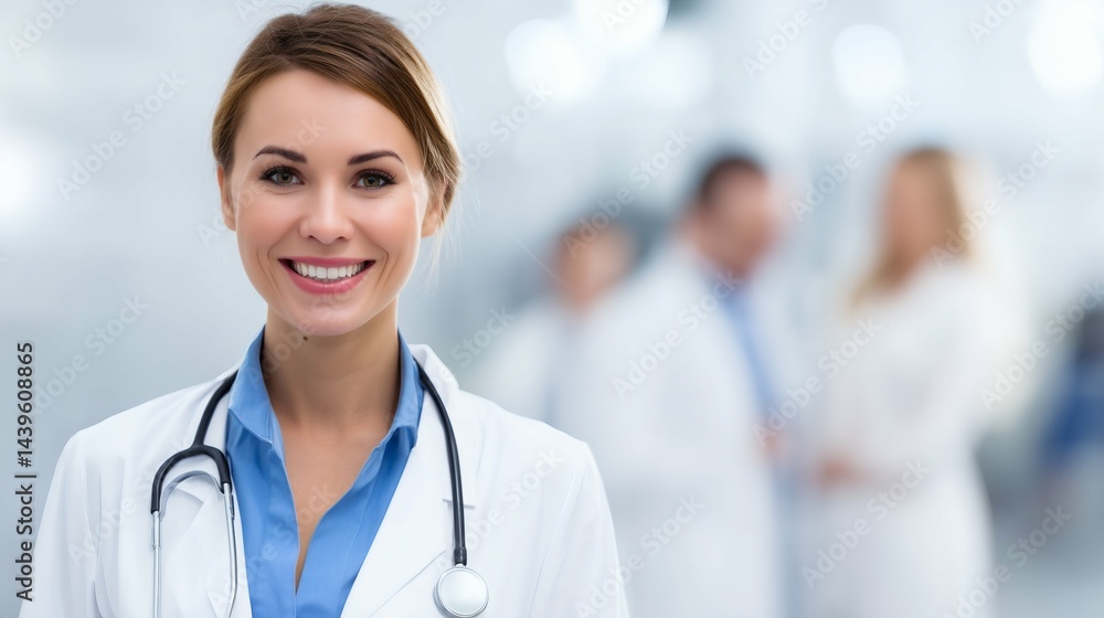 Smiling female doctor in focus, Medical professional portrait, Healthcare and medical services promotional concept