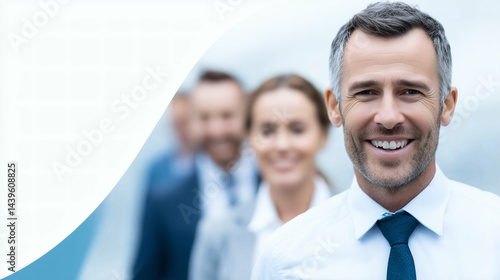 Smiling businessman standing with team, Corporate teamwork and leadership image, Professional business success concept background