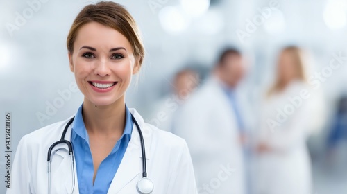 Obraz na płótnie Smiling female doctor in focus, Medical professional portrait, Healthcare and medical services promotional concept w salonie