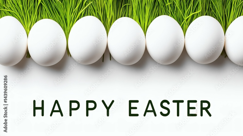 White eggs with grass and Happy Easter text, Easter greeting background with natural decor, Fresh spring holiday greeting card concept