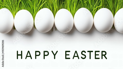 Obraz na płótnie White eggs with grass and Happy Easter text, Easter greeting background with natural decor, Fresh spring holiday greeting card concept w salonie