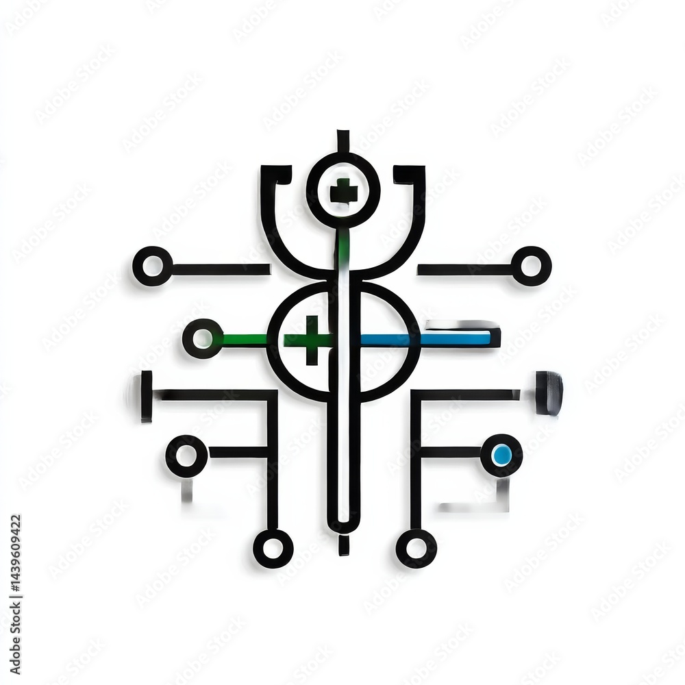 Abstract Medical Symbol with Circuitry Elements and Subtle Color Accents on White Background Abstract Medical Symbol with Circuitry Elements and Subtle Color Accents on White Background