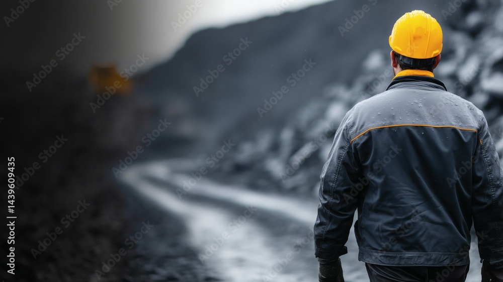 Worker on mining road with dark background, Heavy mining industry environment, Concept for geology, excavation and mineral resource operations