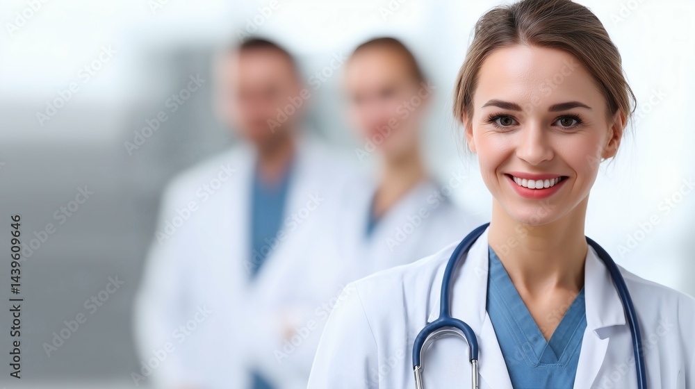 Young doctor smiling with team behind, Professional healthcare teamwork, Medical staff in modern hospital