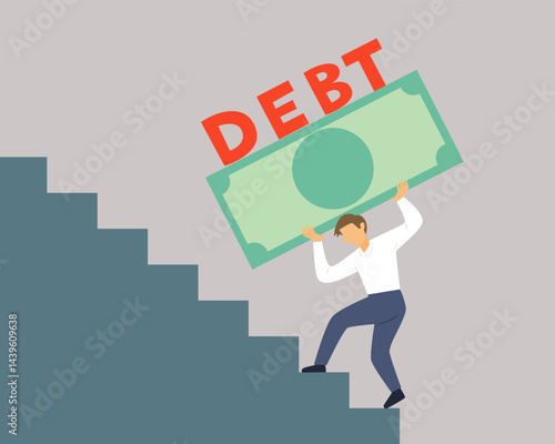 A businessman carries debt goes on ladder. Illustration Vector Cartoon.
