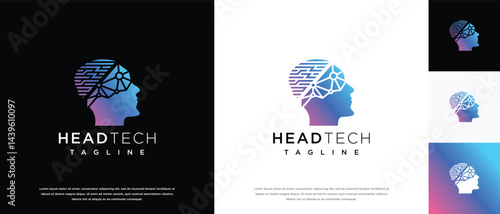 human head smart brain technology logo design template. human head, mind and technology logo icon
