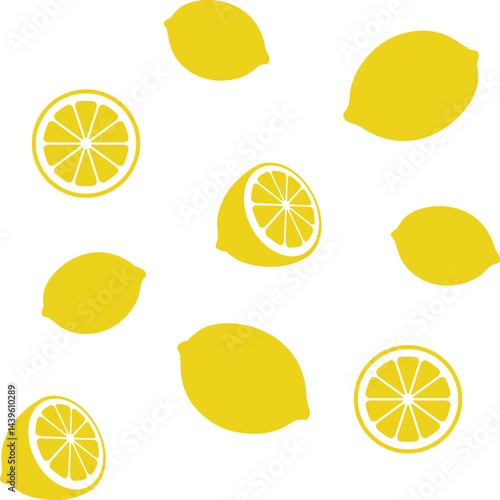 Seamless pattern with whole lemons, half lemons, and lemon slices on a light background. Fresh citrus fruit background, repeating design