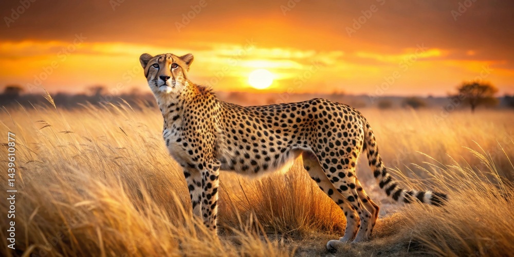 Obraz premium A majestic cheetah stands proudly in tall savanna grass, bathed in the warm golden light of a breathtaking sunset, a powerful symbol of untamed beauty and wilderness