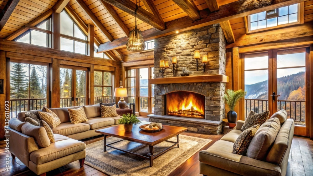Rustic mountain lodge living room with stone fireplace and expansive windows offering breathtaking views of autumnal landscape Rustic mountain lodge living room with stone fireplace and expansive windows offering breathtaking views of autumnal landscape