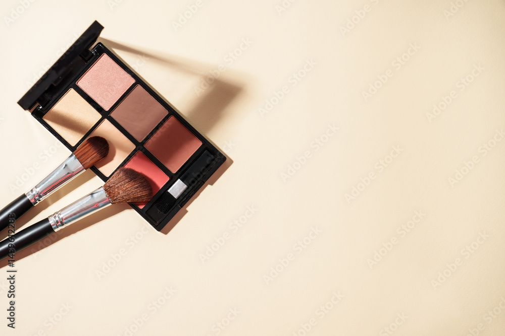 Cosmetic palette and cosmetic brushes at pastel background with shadows. Top view image with copy space.