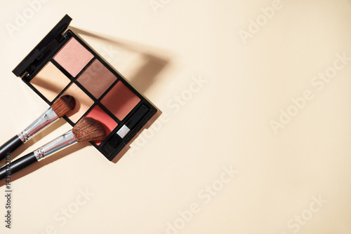Obraz na płótnie Cosmetic palette and cosmetic brushes at pastel background with shadows. Top view image with copy space. w salonie