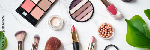 Obraz na płótnie Cosmetic products on white background. Web banner format with space for design. w salonie