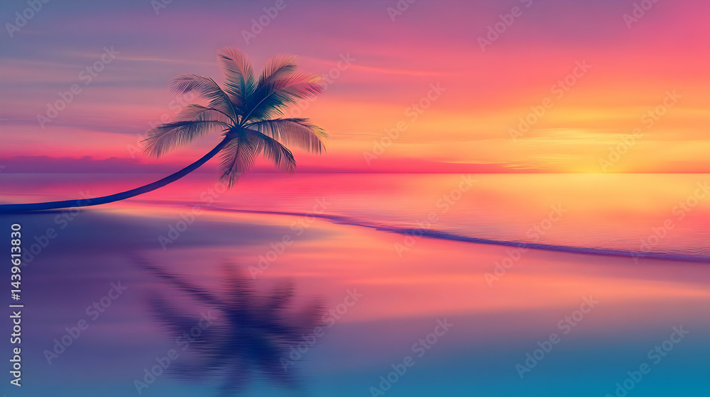 Serene Sunset on Tropical Beach: Palm Tree Silhouette at Golden Hour Serene Sunset on Tropical Beach: Palm Tree Silhouette at Golden Hour