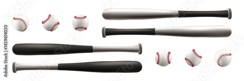 Baseball ball, bat, glove. 3d white softball, vintage player mitt, wood line stick. Logo base equipment illustration. Catch flyer american field sport. Red texture sweepstakes. Vector isolated clipart