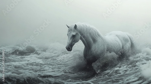 Majestic White Horse in a Misty Coastal Storm