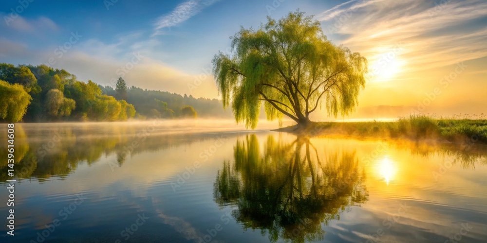 Serene Sunrise Weeping Willow Reflecting in Calm Waters of Misty Lake at Dawn Serene Sunrise Weeping Willow Reflecting in Calm Waters of Misty Lake at Dawn