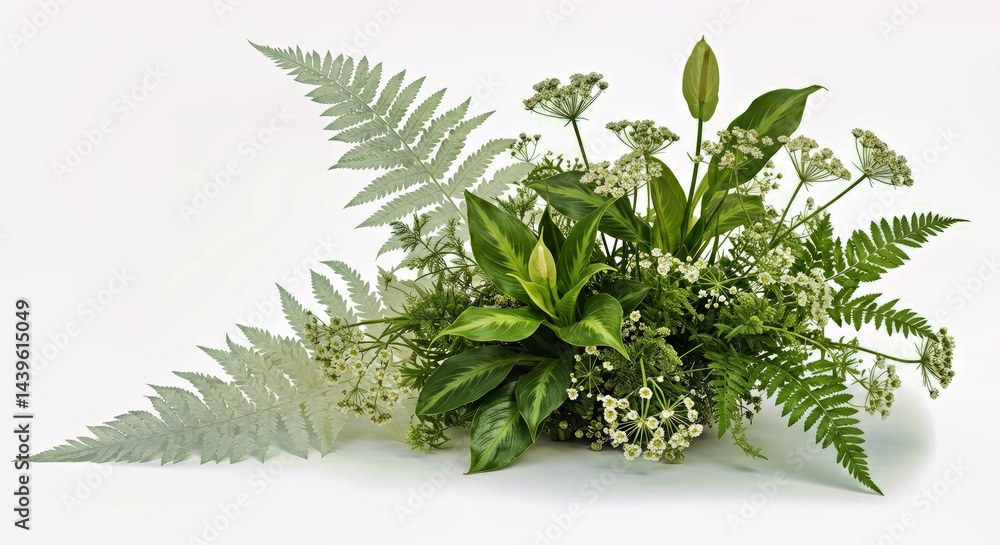 Natural design concept with white and green foliage isolated in studio Natural design concept with white and green foliage isolated in studio