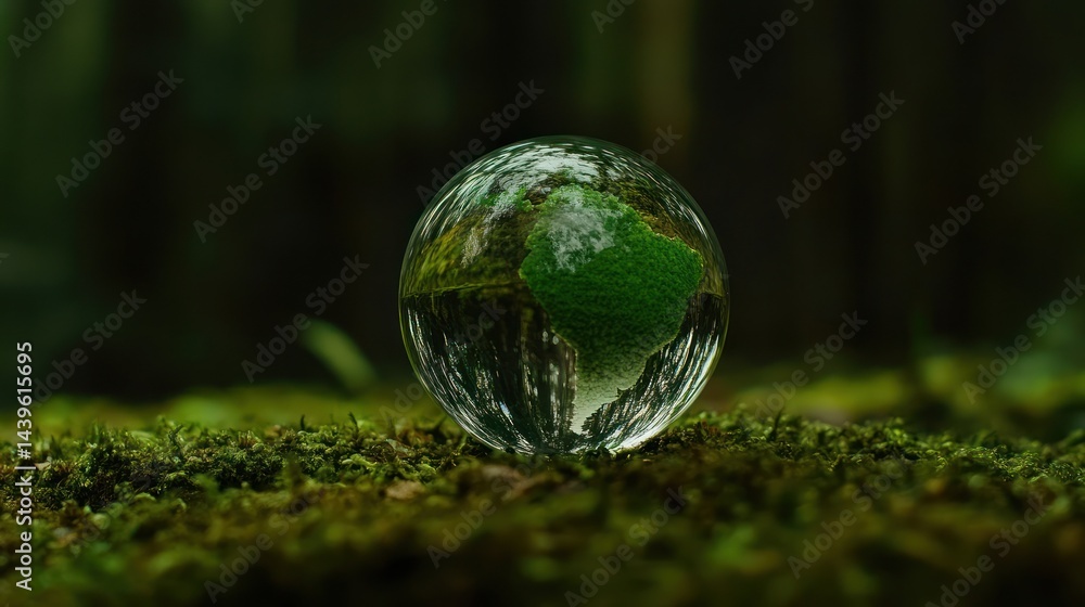 Earth reflection in a crystal ball on a moss bed in a lush, vibrant forest Earth reflection in a crystal ball on a moss bed in a lush, vibrant forest