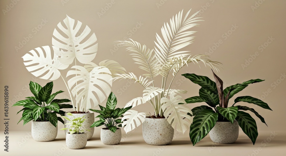 Minimalist botanical composition featuring white and green tropical foliage Minimalist botanical composition featuring white and green tropical foliage
