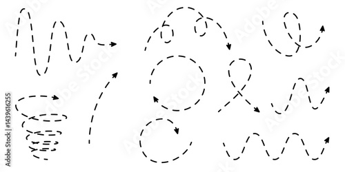 Set of zig zag, circle turn and spiral dash arrows. Vector manga wavy lines with pointer. Isolated vector signs.
