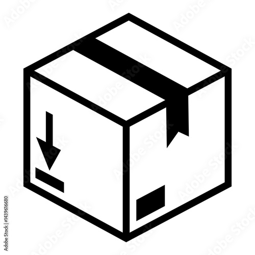 Black and white icon of a cardboard shipping box sealed with tape, featuring symbols indicating direction and handling, ideal for logistics, delivery, and packaging design.