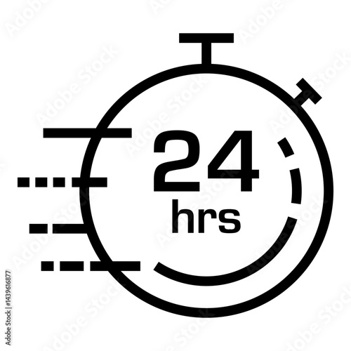 Black and white 24 hrs stopwatch icon symbolizing fast delivery, quick service, or around-the-clock availability.