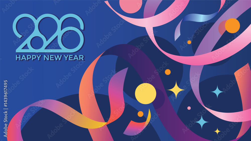 Fototapeta premium Creative Design to 2026 Happy New Year Celebration Concept, Banner with a Variety of colorful confetti and 2026 Logo text design