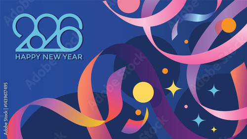 Creative Design to 2026 Happy New Year Celebration Concept, Banner with a Variety of colorful confetti and 2026 Logo text design