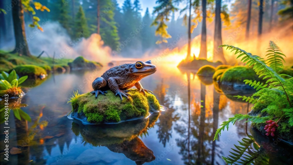 Fototapeta premium Serene Sunrise A Frog's Reflective Gaze Upon a Misty Pond in a Forest
