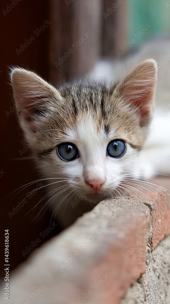 A small kitten with blue eyes peeking over a brick wall A small kitten with blue eyes peeking over a brick wall