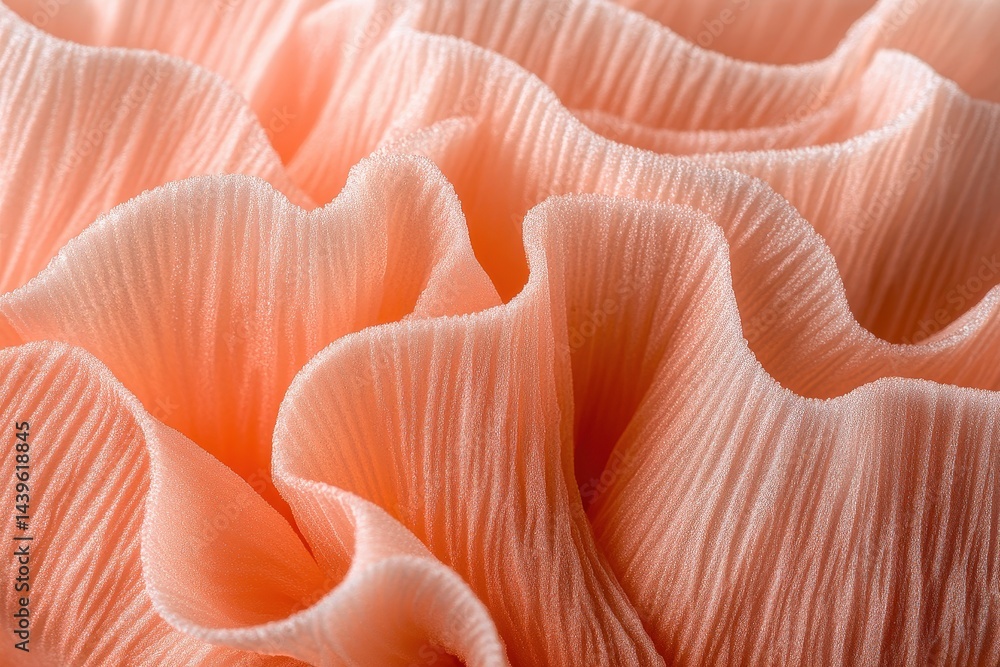 Closeup view of textured, ruffled, peach-colored fabric. Closeup view of textured, ruffled, peach-colored fabric.