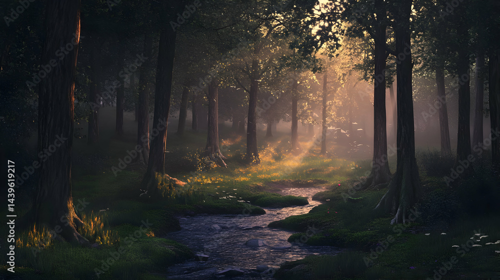 Fototapeta premium Sunlit Forest Creek: A Serene Landscape